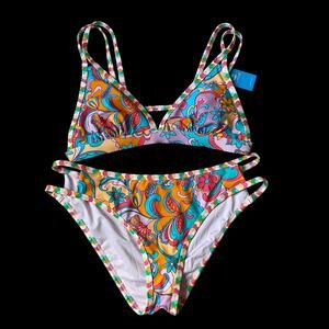 Cupshe‎ Floral 2pc Swimsuit L Multicolor Boho Adjustable Strap Padded Cup NWT